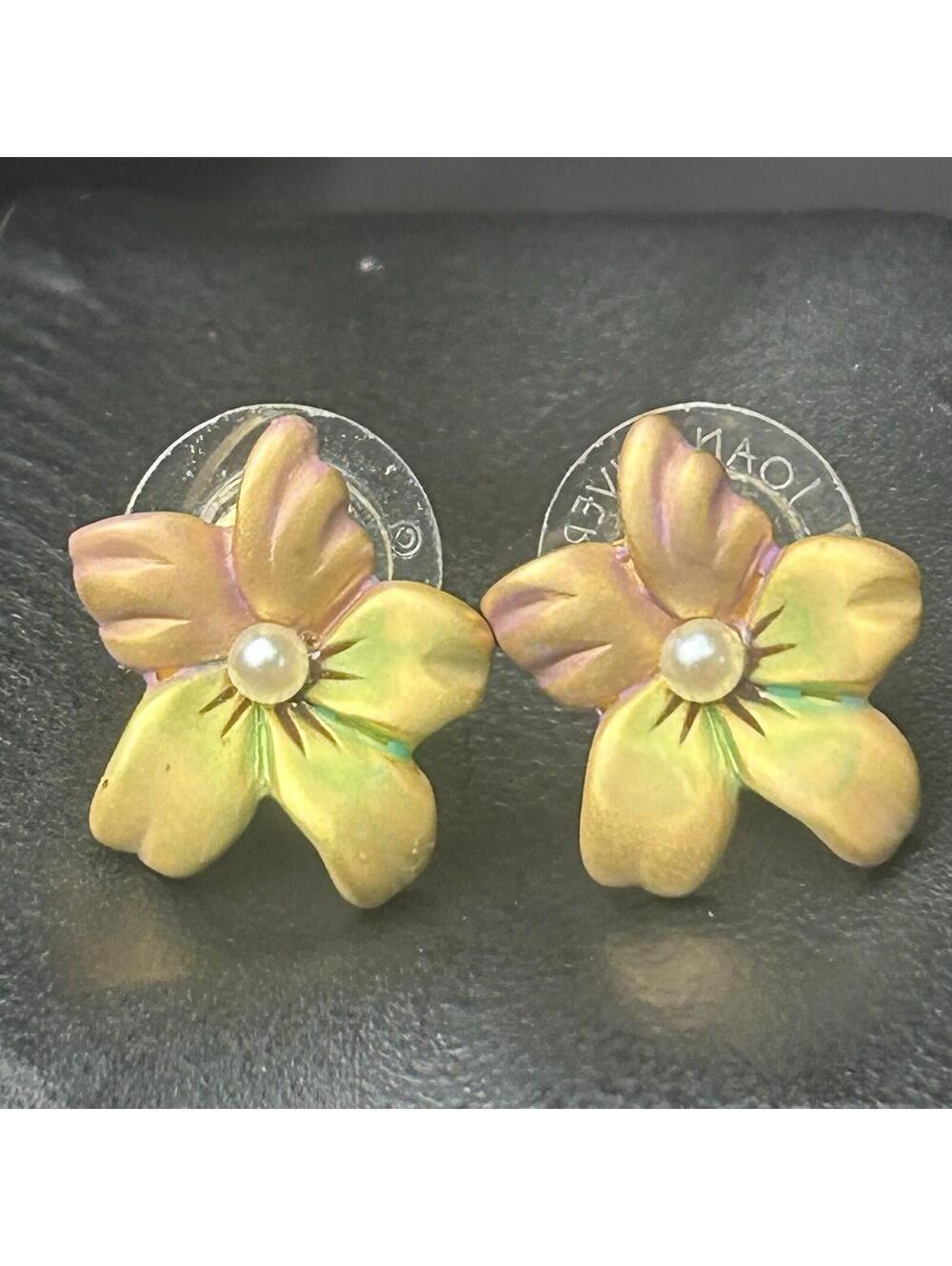Vintage Joan Rivers Style Gold Tone Plumeria Flower Earrings Faux Pearl Studs
